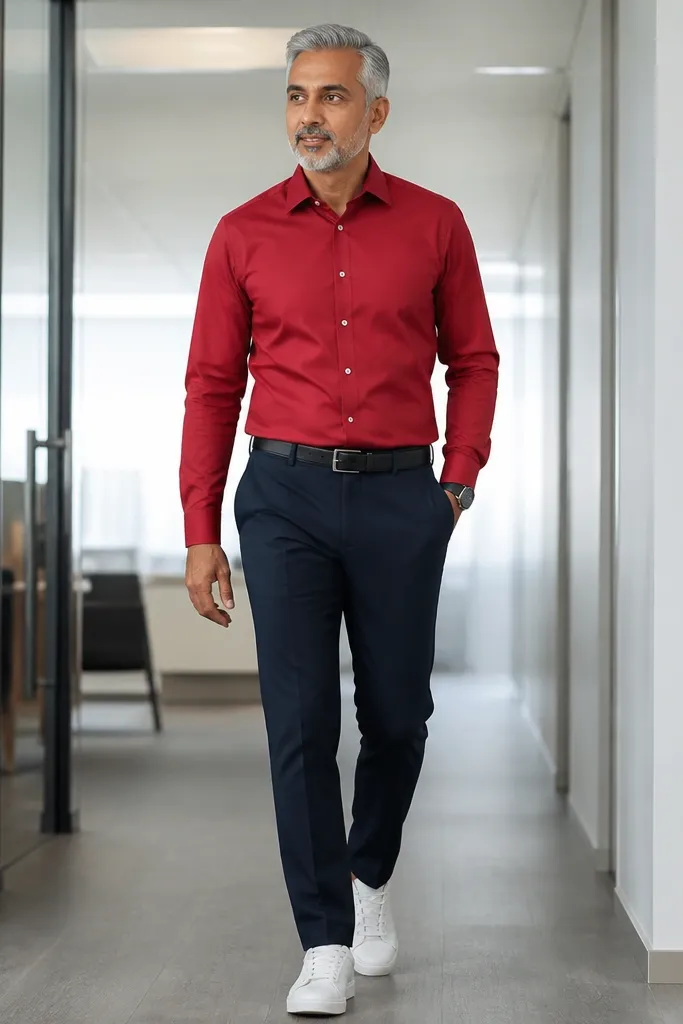 Red button-up with navy suit trousers and white sneakers