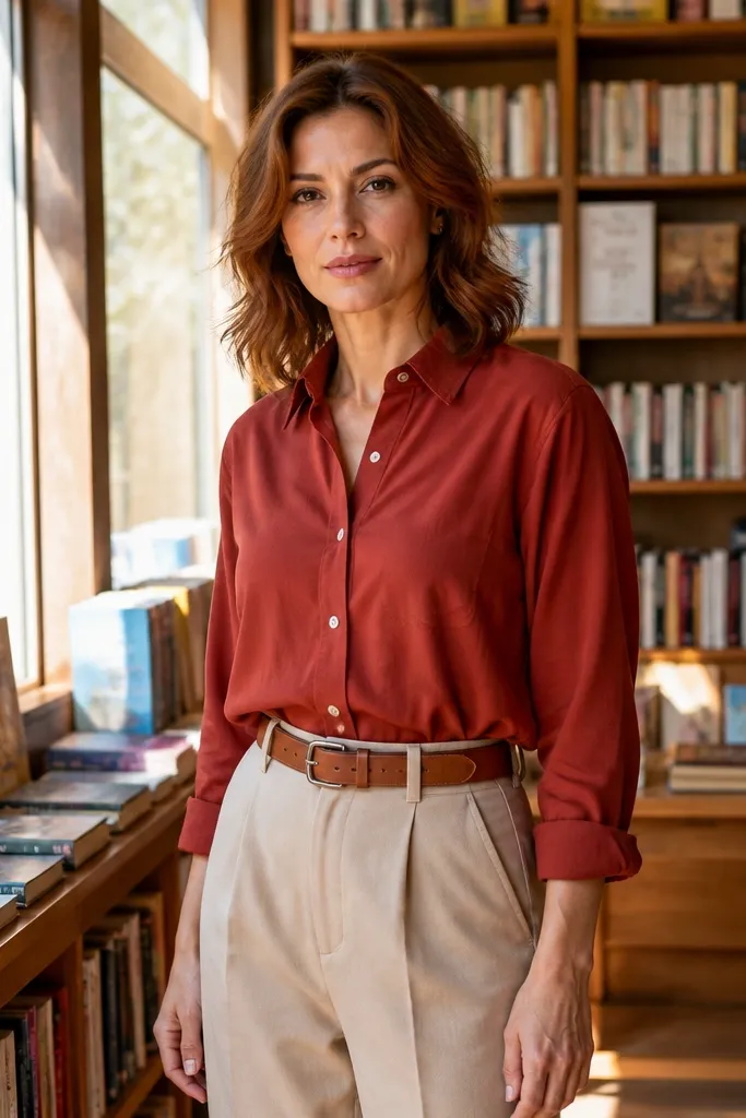 Red button-up with beige trousers and a cognac belt