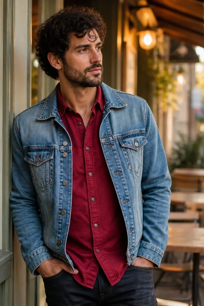 Red button-up under a light blue denim jacket with dark jeans