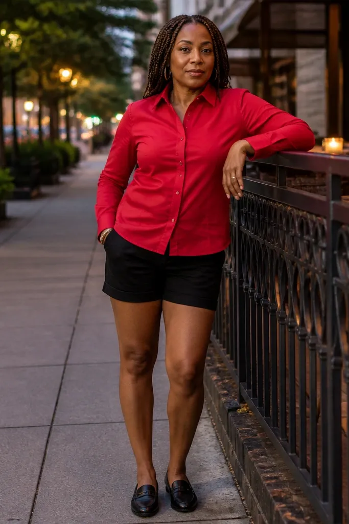 Red button-up with black shorts and black loafers