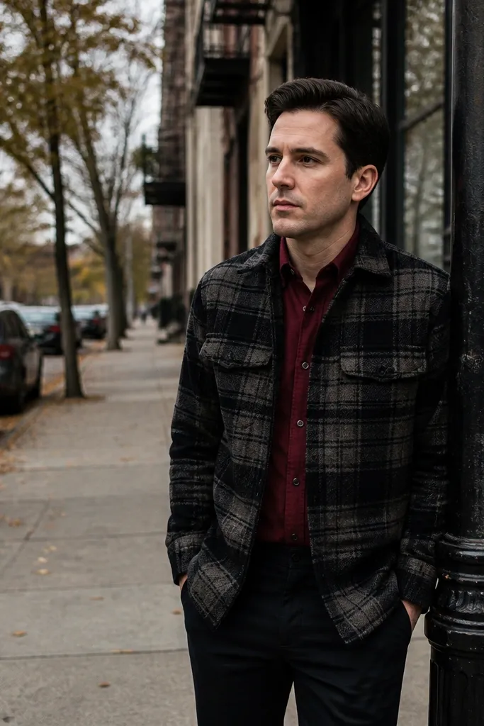 Red button-up under a plaid overshirt with black trousers
