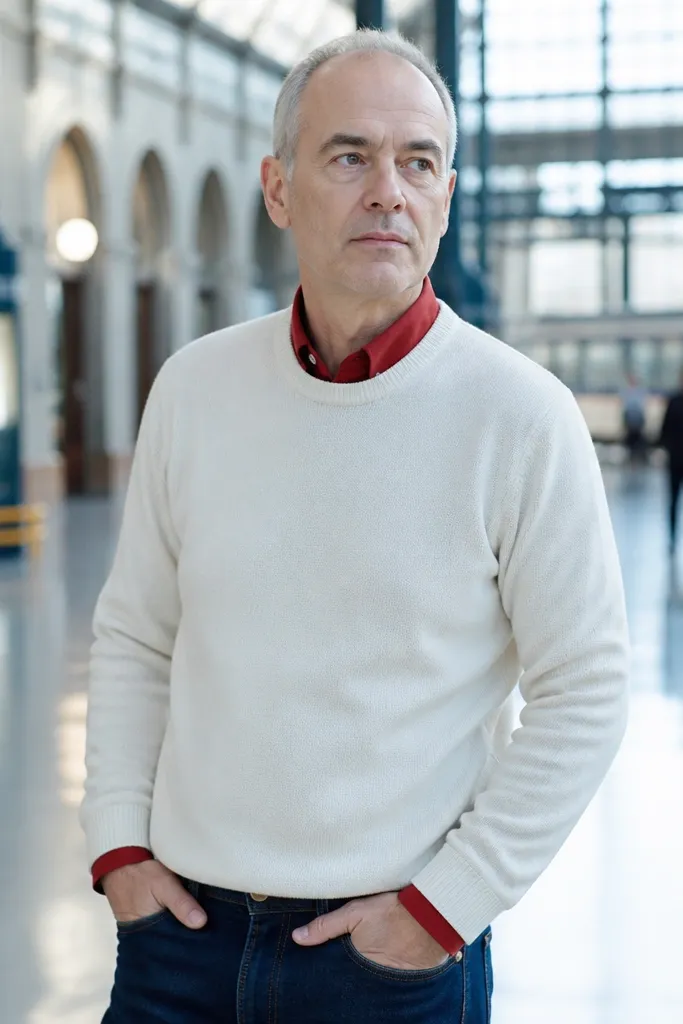 Red button-up under a white crewneck sweater with dark denim jeans