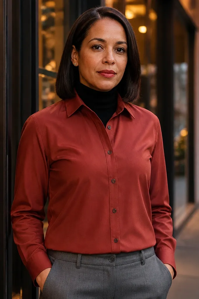 Red button-up over a black turtleneck with gray trousers