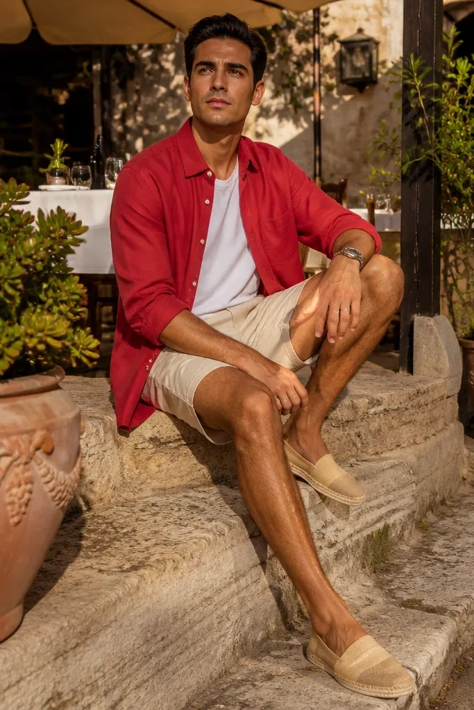 Red button-up over a white tee with beige shorts and espadrilles