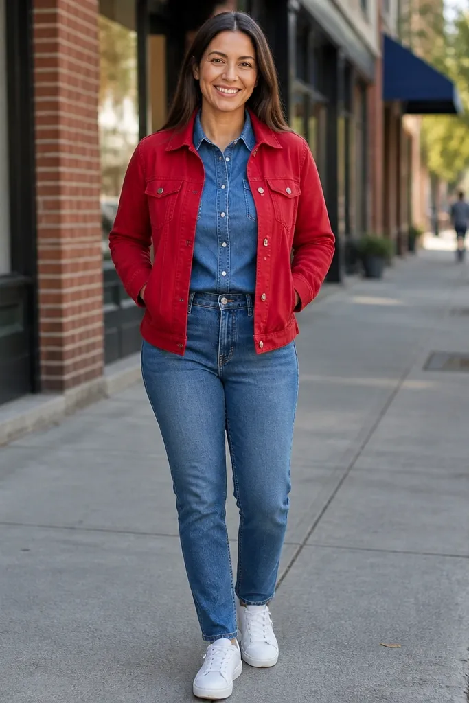 Red button-up with medium blue jeans and white sneakers