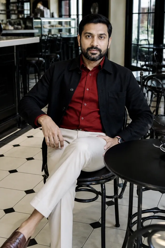 Red button-up under a black overshirt with cream chinos