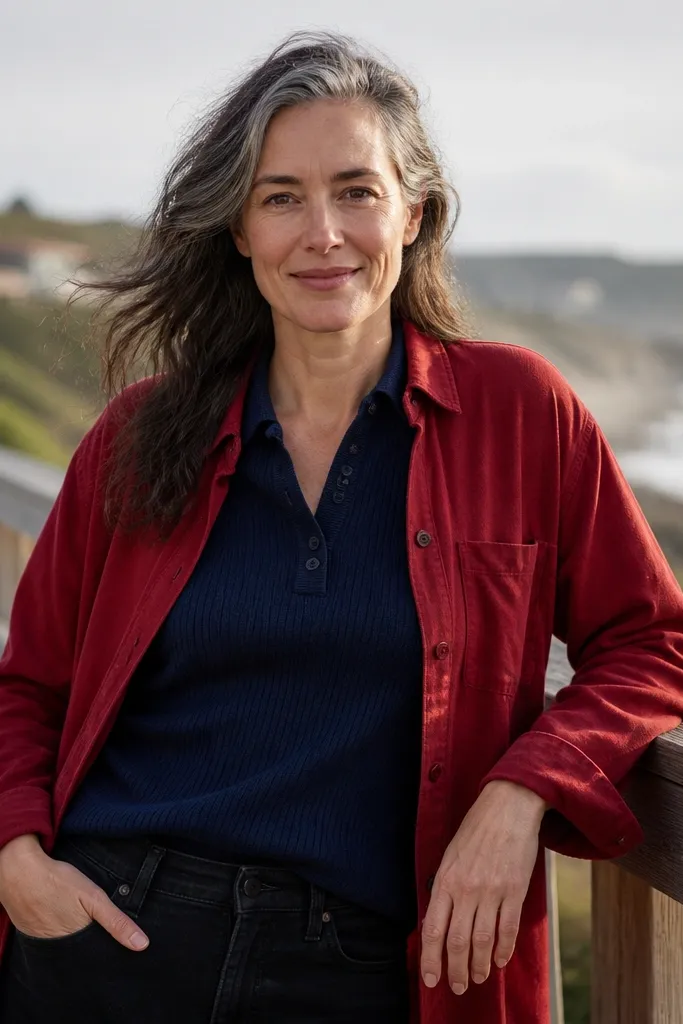 Red button-up worn open over a navy knit polo with black jeans