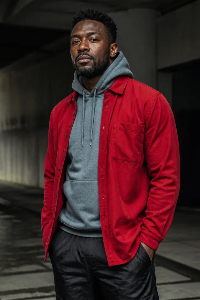 Red button-up over a gray hoodie with black track pants