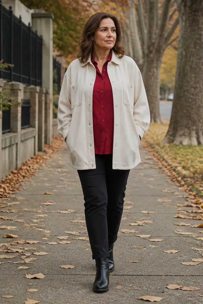 Red button-up under a cream overshirt with black Chelsea boots