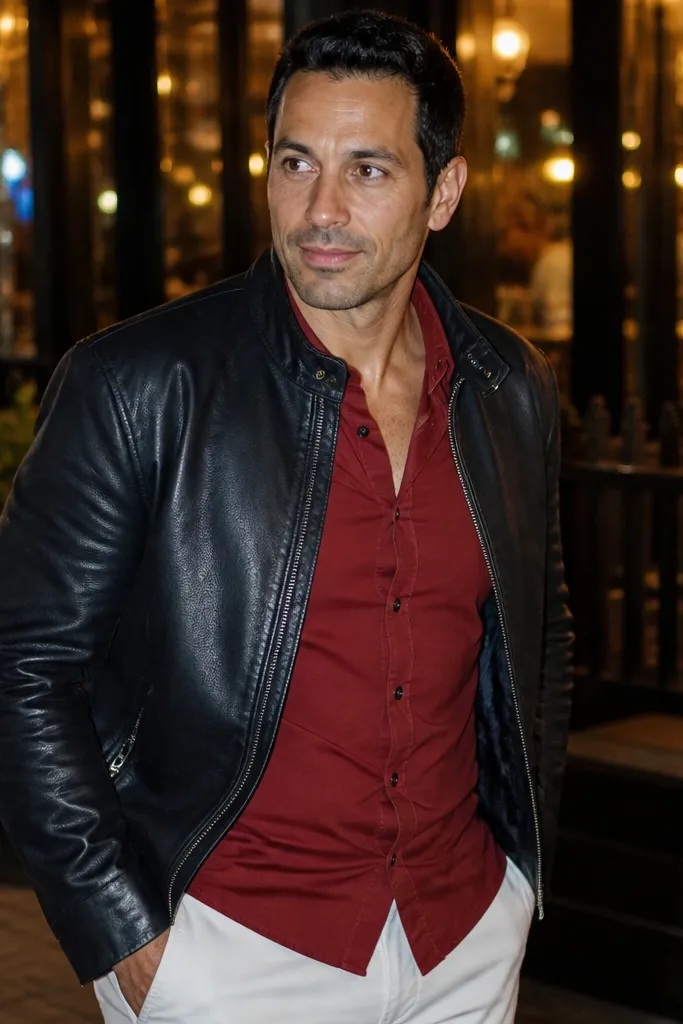 Red button-up with a black leather jacket and white jeans