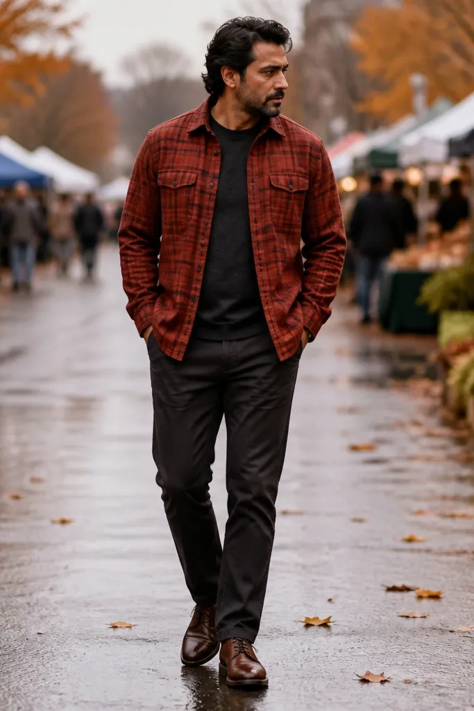 Brick red flannel shirt with charcoal chinos and brown derby shoes