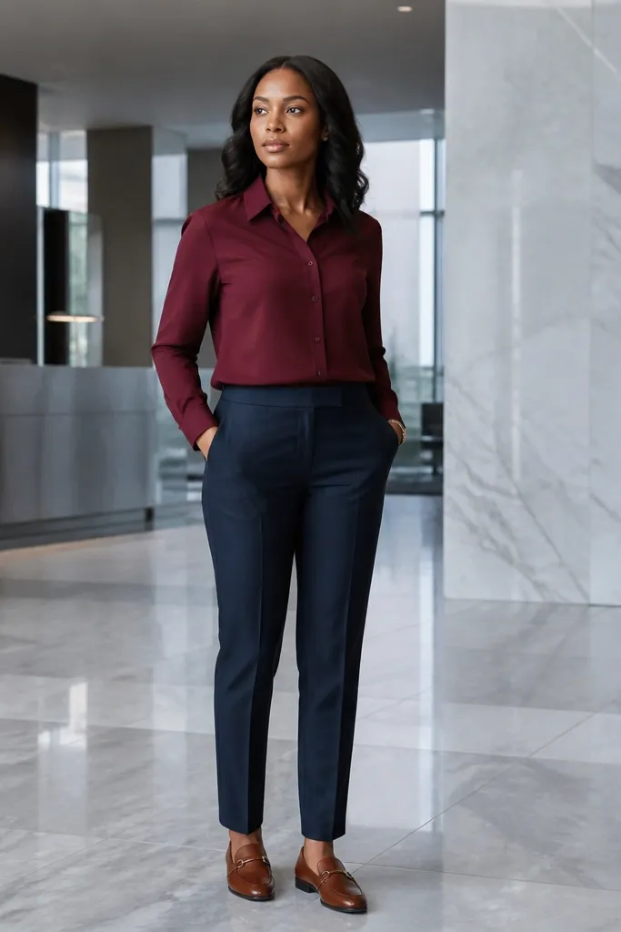 Oxblood red long sleeve shirt with navy trousers and dark loafers