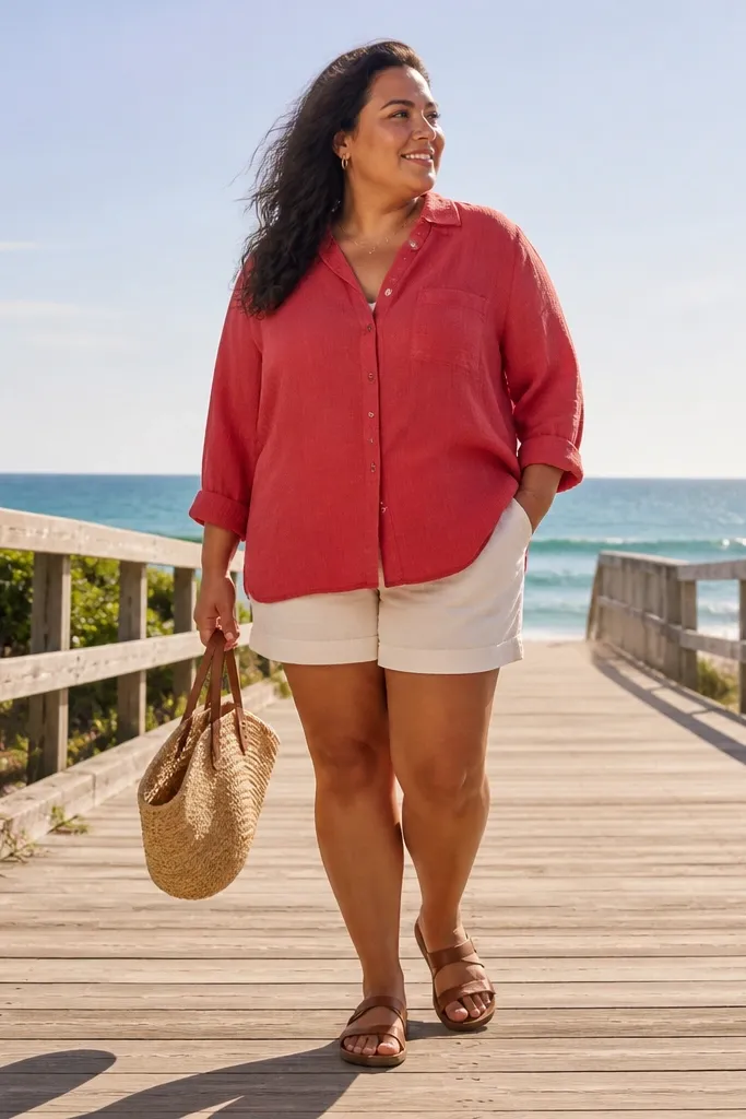 Red linen long sleeve shirt with ecru shorts and tan sandals