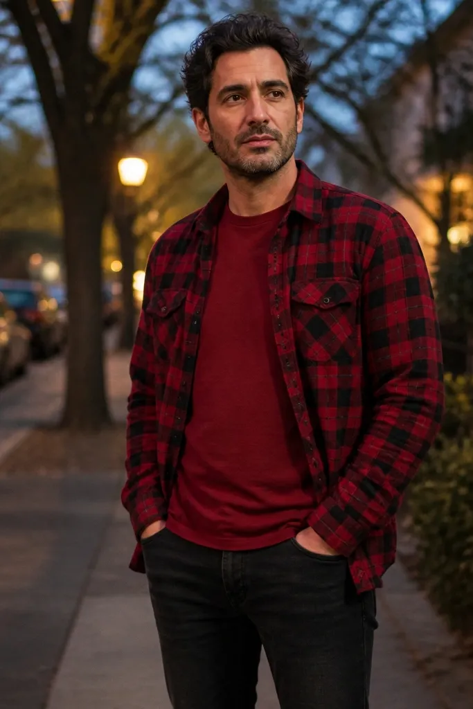 Solid red long sleeve shirt under a red and black plaid overshirt