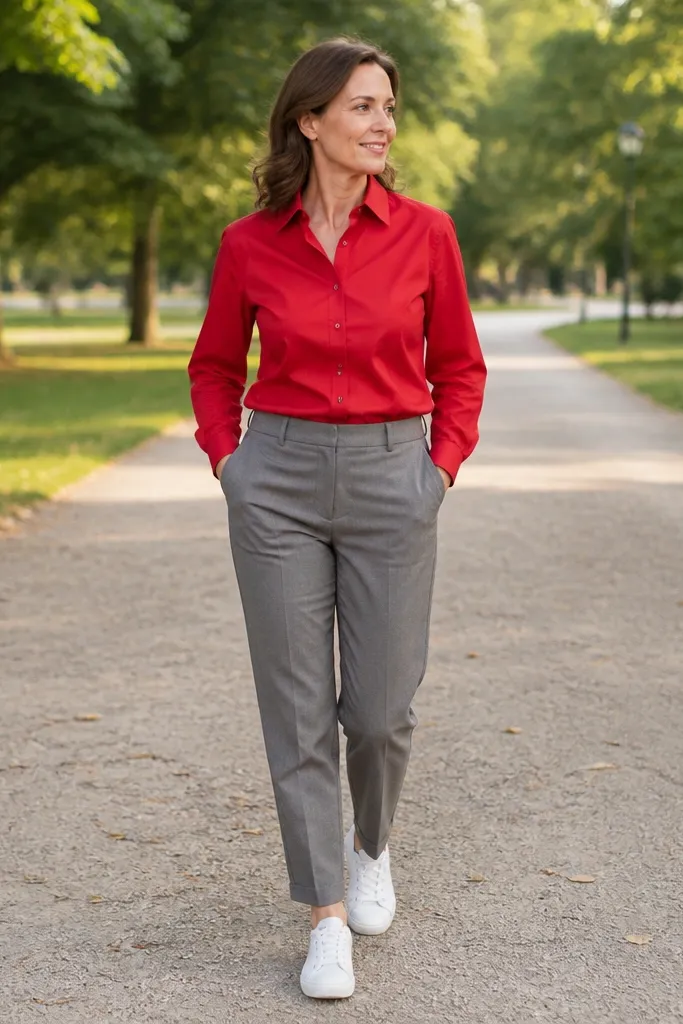 True red long sleeve shirt with stone trousers and white canvas sneakers