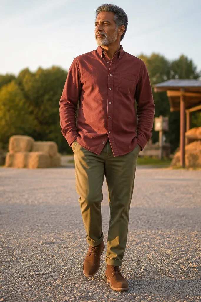 Rust red button-up with olive chinos and suede desert boots