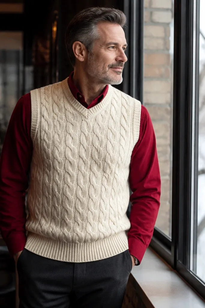 Sangria red shirt with cream cable-knit sweater vest