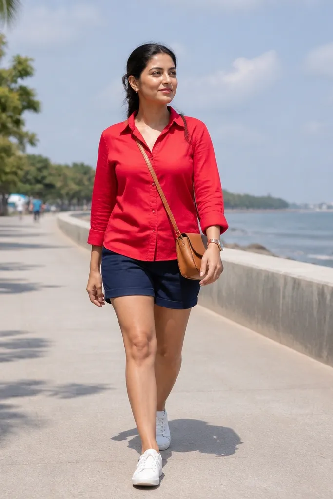 Cherry red long sleeve shirt with navy shorts and white low-top sneakers