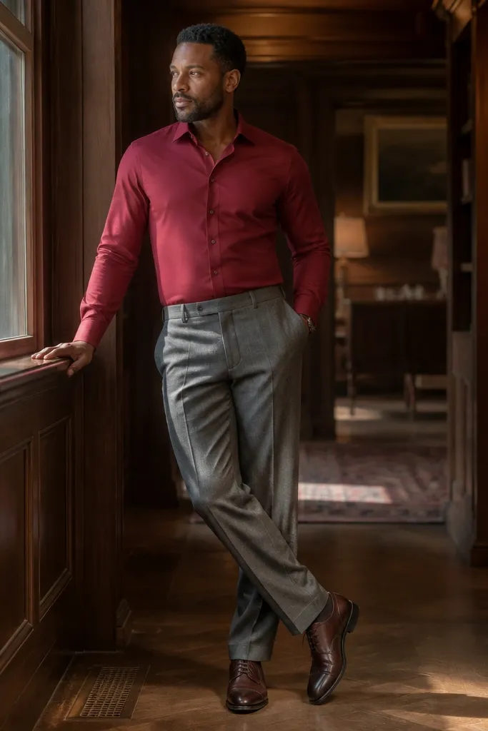 Deep red long sleeve shirt with gray wool trousers and dark brown oxfords