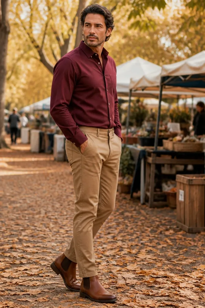 Burgundy red shirt with tan chinos and cognac Chelsea boots