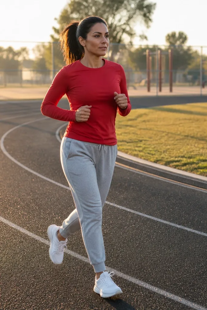Red long sleeve shirt with light gray joggers and white running shoes