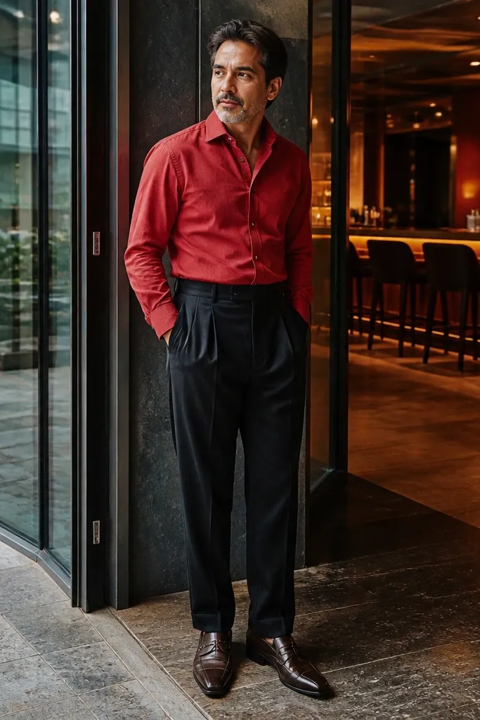 Red long sleeve shirt with black pleated trousers and pointed-toe loafers
