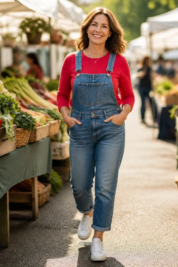 Rose-red long sleeve shirt under denim overalls with white sneakers