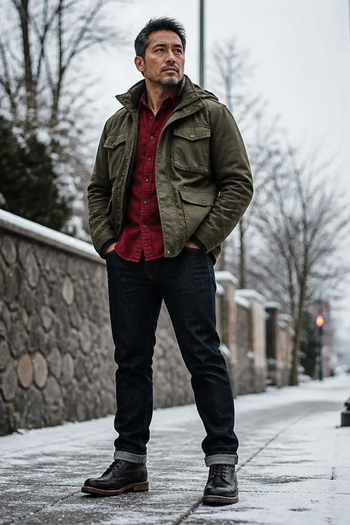 Red long sleeve shirt with olive field jacket and black boots
