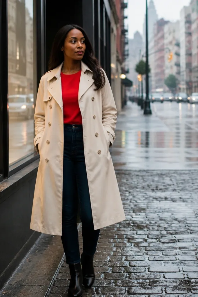 Red long sleeve shirt with cream trench coat and dark jeans