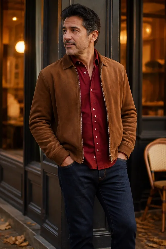 Red long sleeve shirt with brown suede bomber and straight-leg jeans