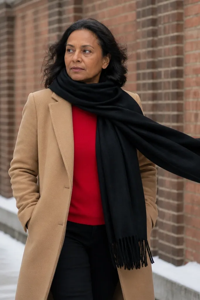 Red long sleeve shirt with camel coat and black oversized scarf