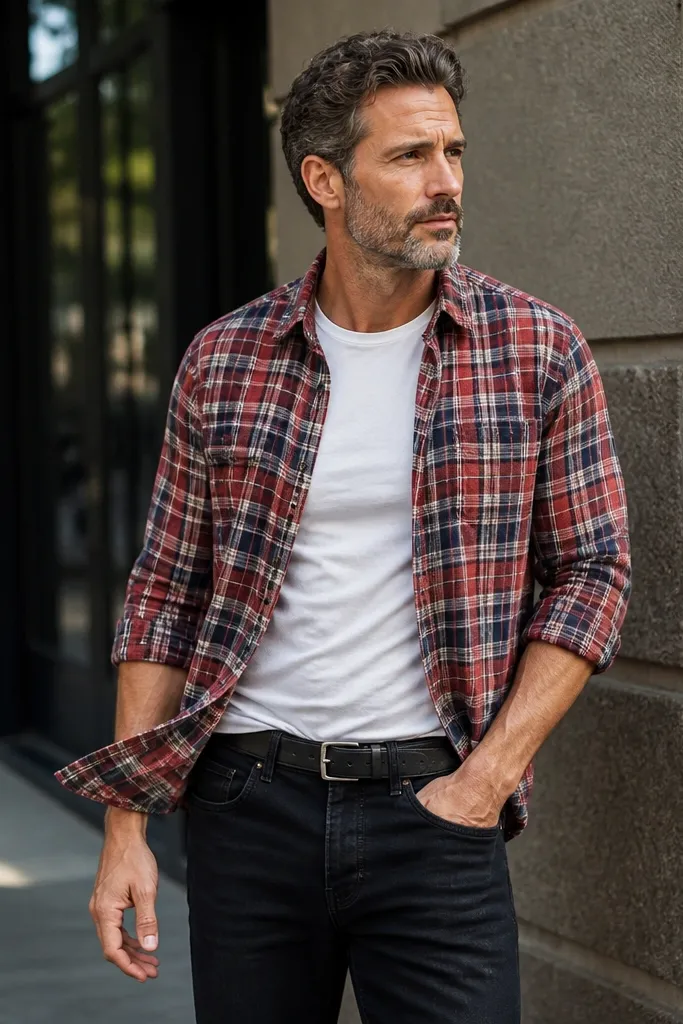 Red plaid shirt half-tucked over a white tee with black jeans and black boots