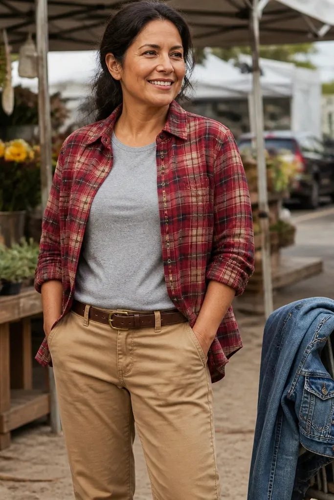 Red plaid shirt worn open over a tee with tan chinos and brown belt