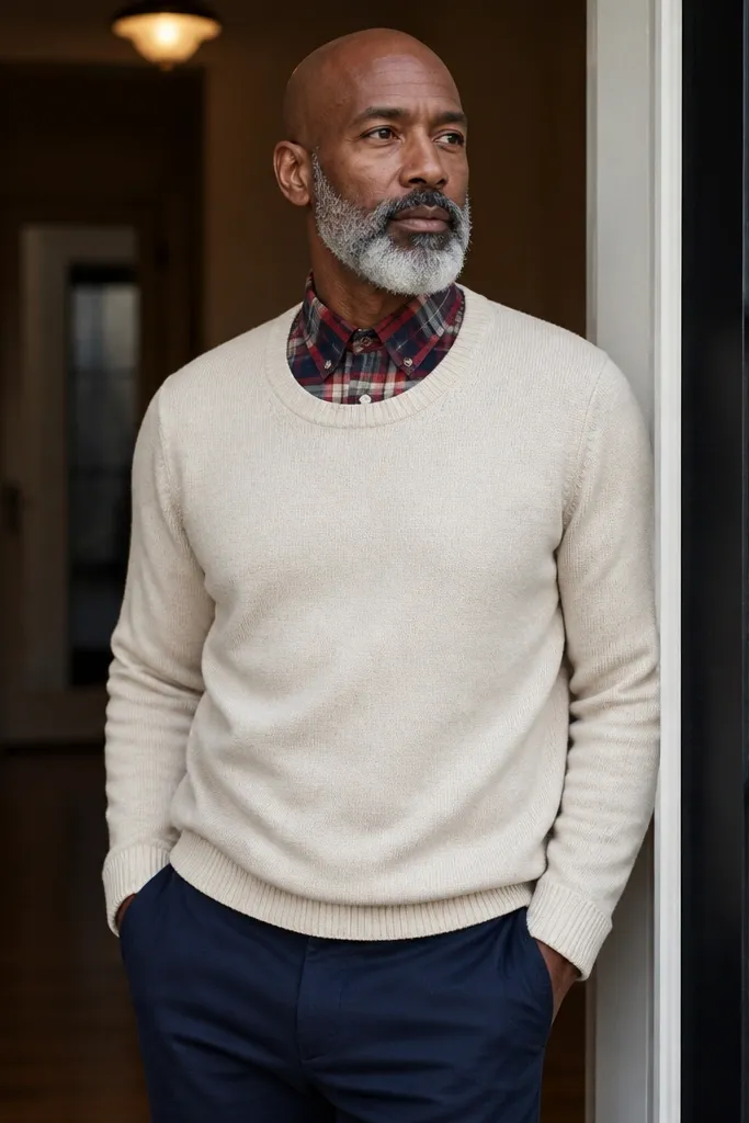 Red plaid shirt buttoned over a cream sweater with navy trousers and dark shoes