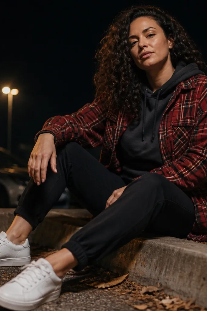 Red plaid overshirt over a charcoal hoodie with black joggers and white sneakers