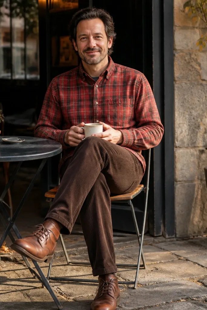 Red plaid shirt buttoned over an olive tee with dark brown corduroy pants
