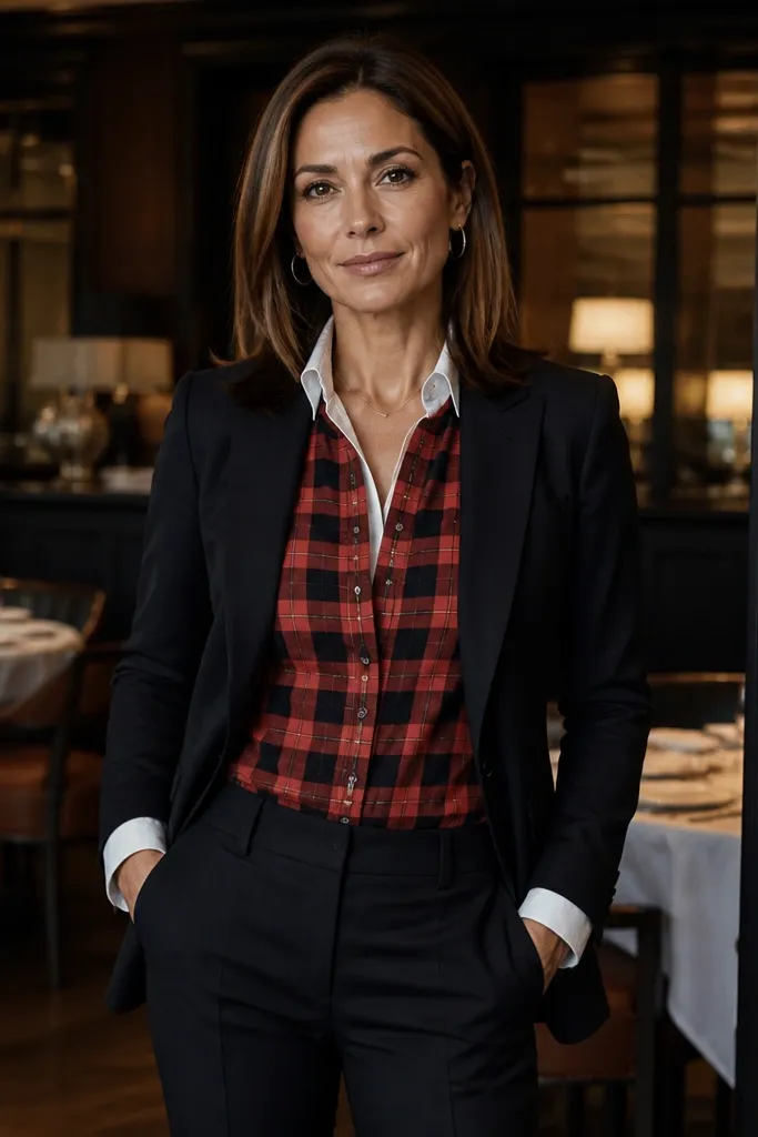 Red plaid shirt worn over a white oxford with black suit pants and loafers