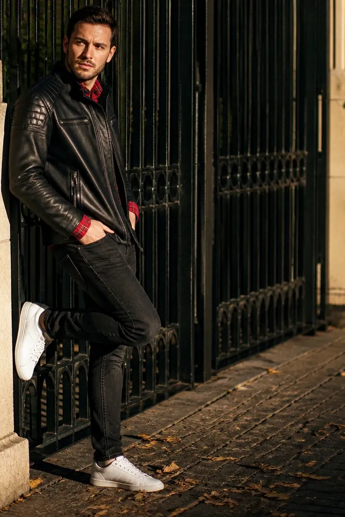 Red plaid shirt under a black leather jacket with dark skinny jeans and boots