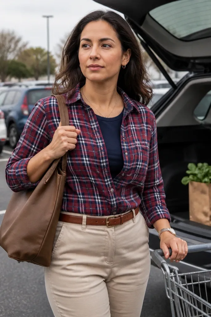 Red plaid shirt fully tucked into light khaki pants with navy tee underneath
