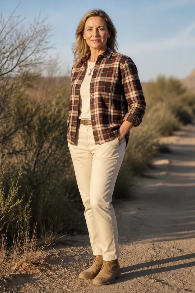 Burgundy-red plaid shirt with cream chinos and suede desert boots