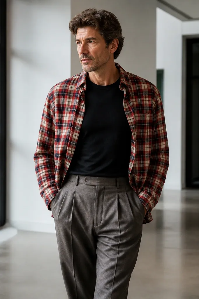 Red plaid shirt over a black tee with grey pleated trousers and black shoes