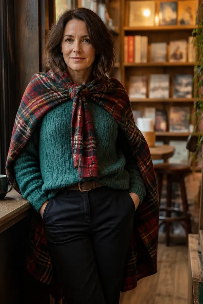 Red plaid shirt worn like a layer over a green knit sweater with dark pants