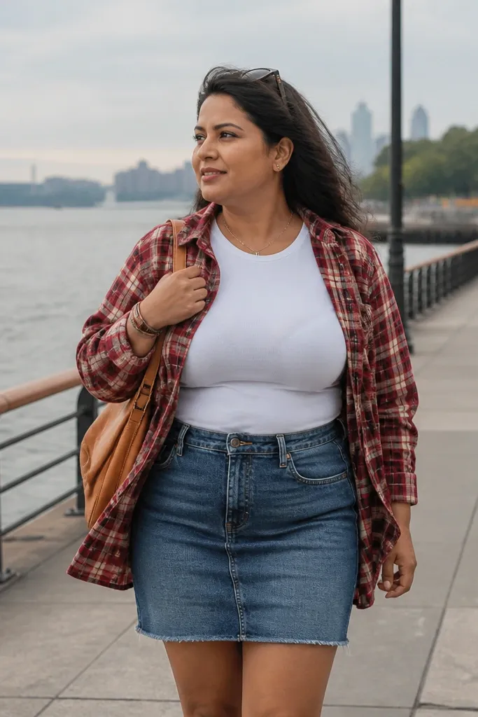 Red plaid shirt over a white tee with a denim skirt and ankle boots