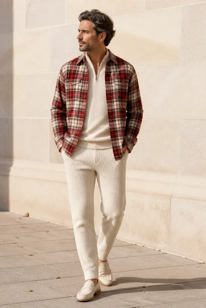 Red plaid shirt layered over cream knit with cream pants and loafers