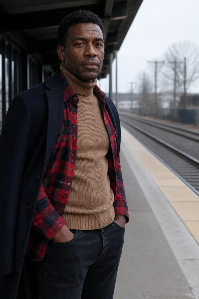 Tan turtleneck under red plaid shirt with straight black jeans and black boots
