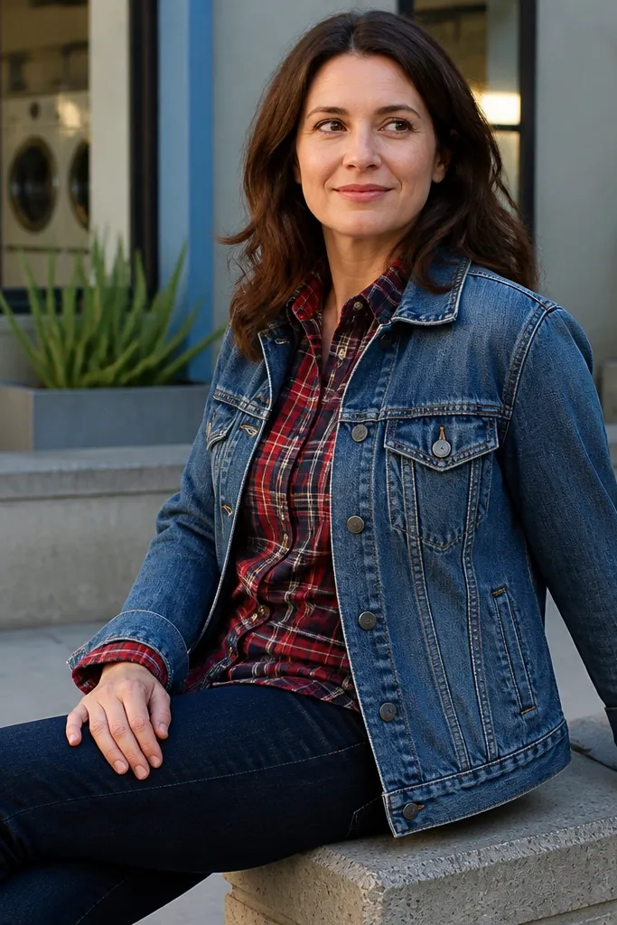 Red plaid shirt under a blue denim jacket with dark wash straight jeans