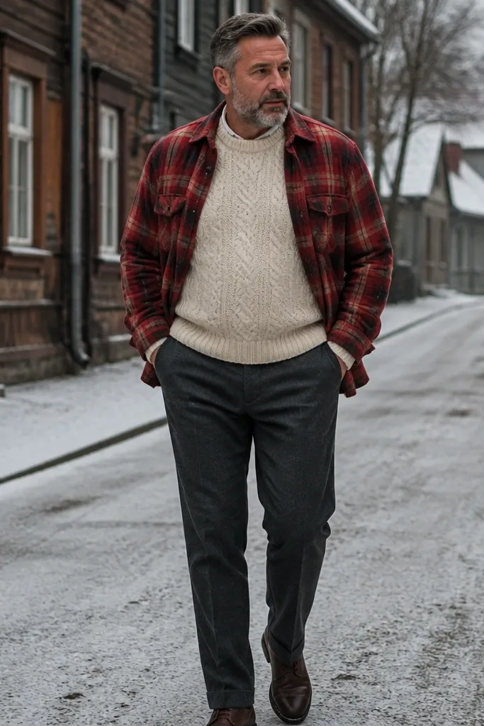 Red plaid shirt layered over cream cable knit with slim trousers and loafers