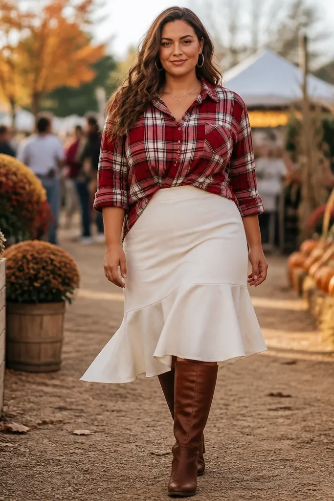 Red plaid shirt over a white midi skirt with brown knee boots