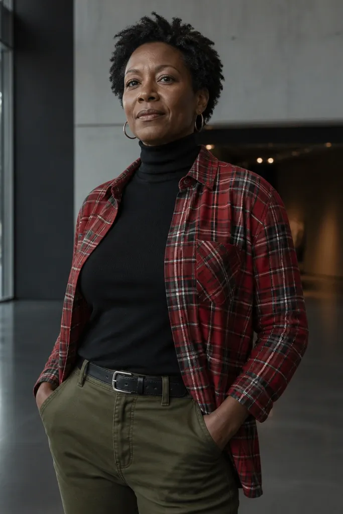 Red plaid shirt over a black turtleneck with olive pants and dark boots