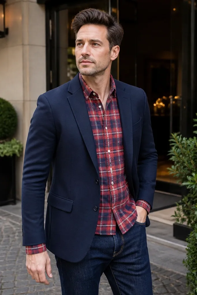 Red plaid shirt under a navy blazer with dark straight jeans and brown boots